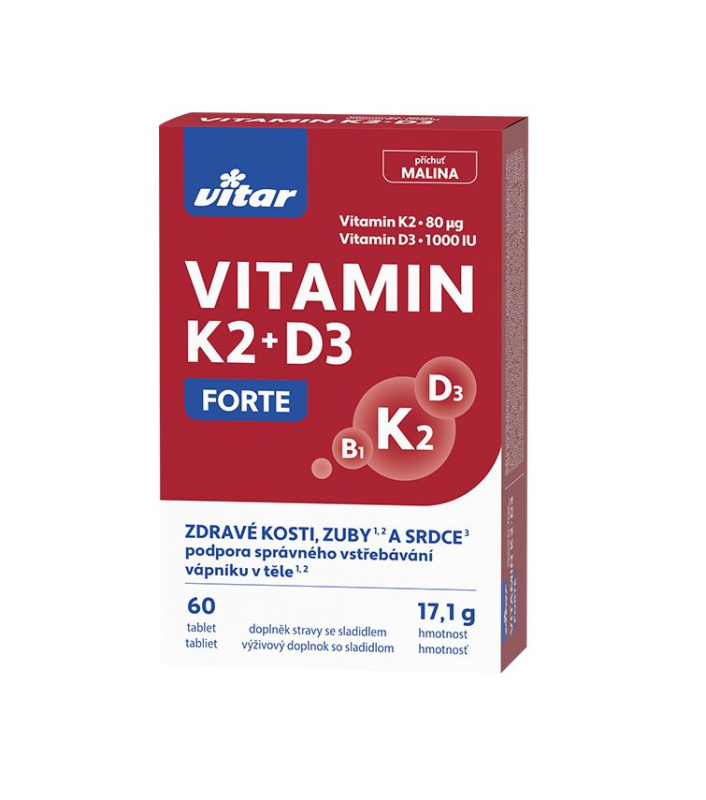 Vitamíny Vitar - K2 + D3 Forte, příchuť malinová, 60 tablet