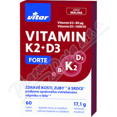 Vitamíny Vitar - K2 + D3 Forte, příchuť malinová, 60 tablet
