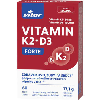 Vitamíny Vitar - K2 + D3 Forte, příchuť malinová, 60 tablet