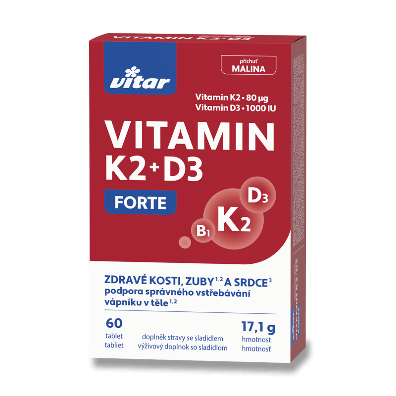 Vitamíny Vitar - K2 + D3 Forte, příchuť malinová, 60 tablet