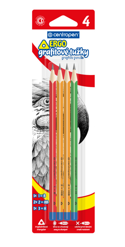 Centropen Tužka grafitová ERGO, 3 tvrdosti - balení 4 ks