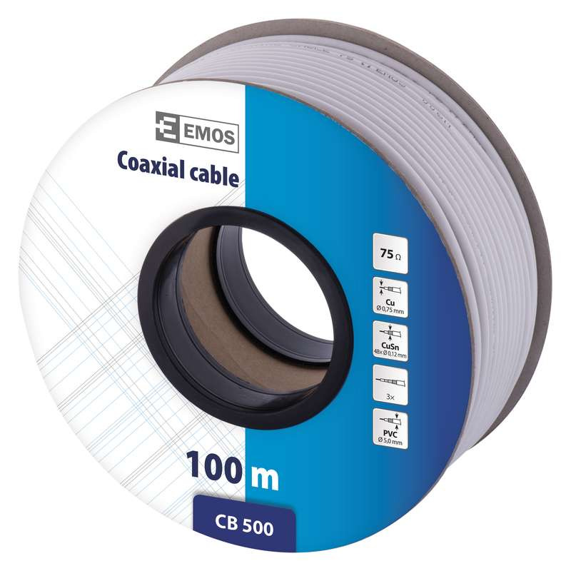 Kabel koaxiální EMOS S5111S, 3C2V, vodič 1,05 mm, plášť 5 mm, vnitřní, bílá, 100 m