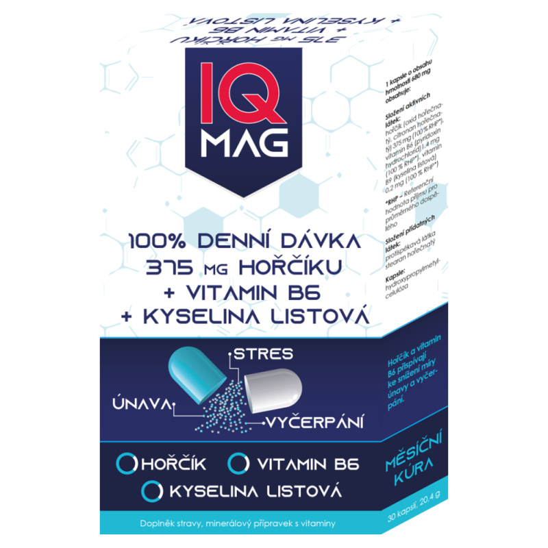 IQ MAG hořčík 375 mg + B6 + kyselina listová 30 kapslí