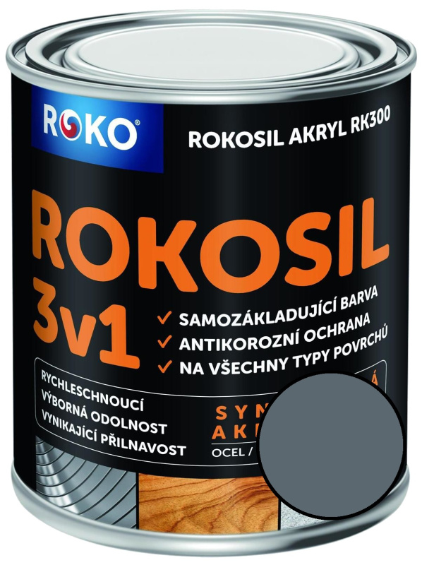 Barva samozákladující Rokosil akryl 3v1 RK 300 1100 šedá střední, 0,6 l