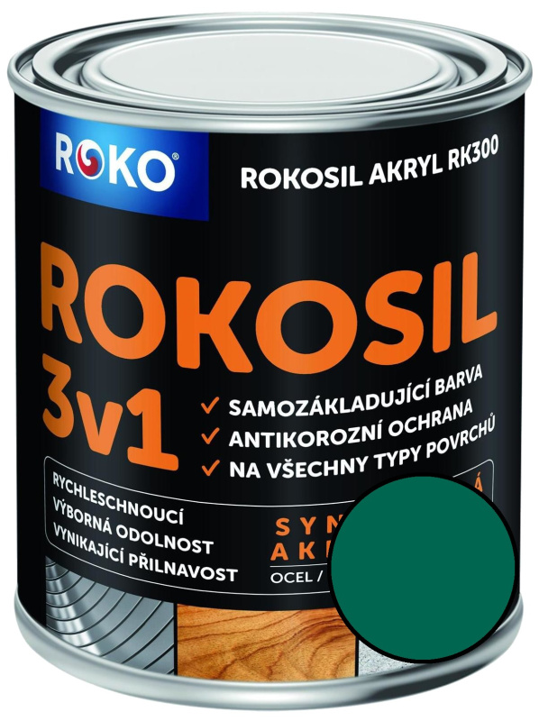 Barva samozákladující Rokosil akryl 3v1 RK 300 5400 zelená tmavá, 0,6 l