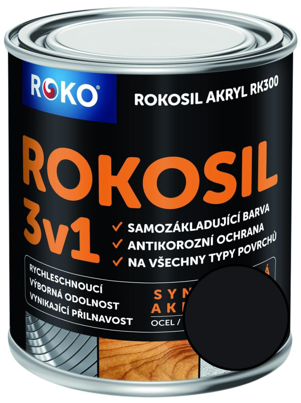 Barva samozákladující Rokosil akryl 3v1 RK 300 1999 černá mat, 0,6 l