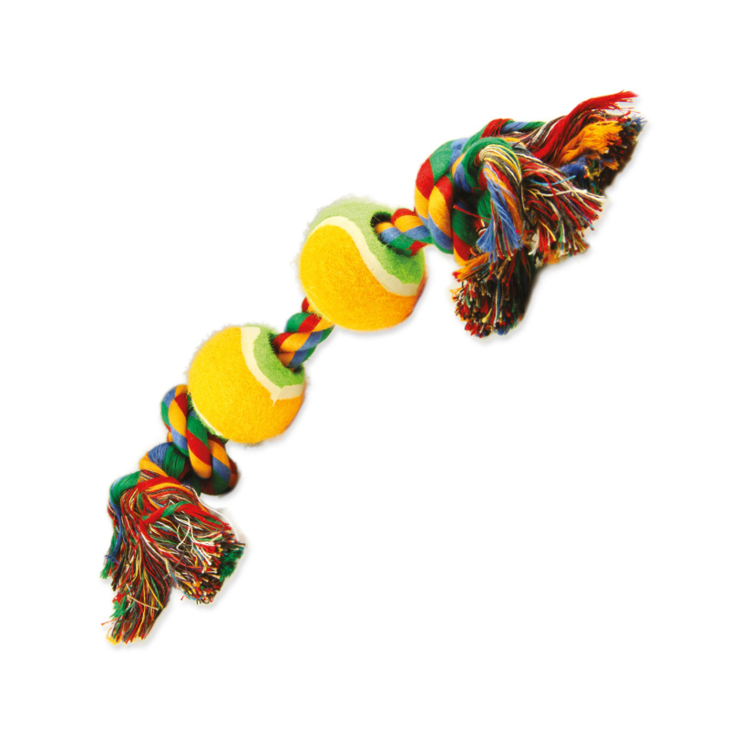 Hračka DOG FANTASY barevná 2 knoty + 2 tenisáky 35 cm
