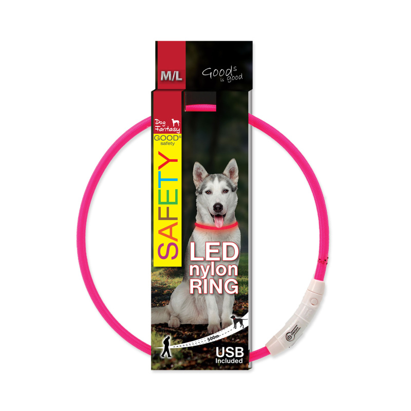Obojek DOG FANTASY LED nylonový růžový M-L 1 ks