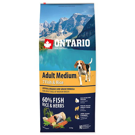 ONTARIO Adult Medium Fish & Rice 12 kg + 2,25kg ZDARMA