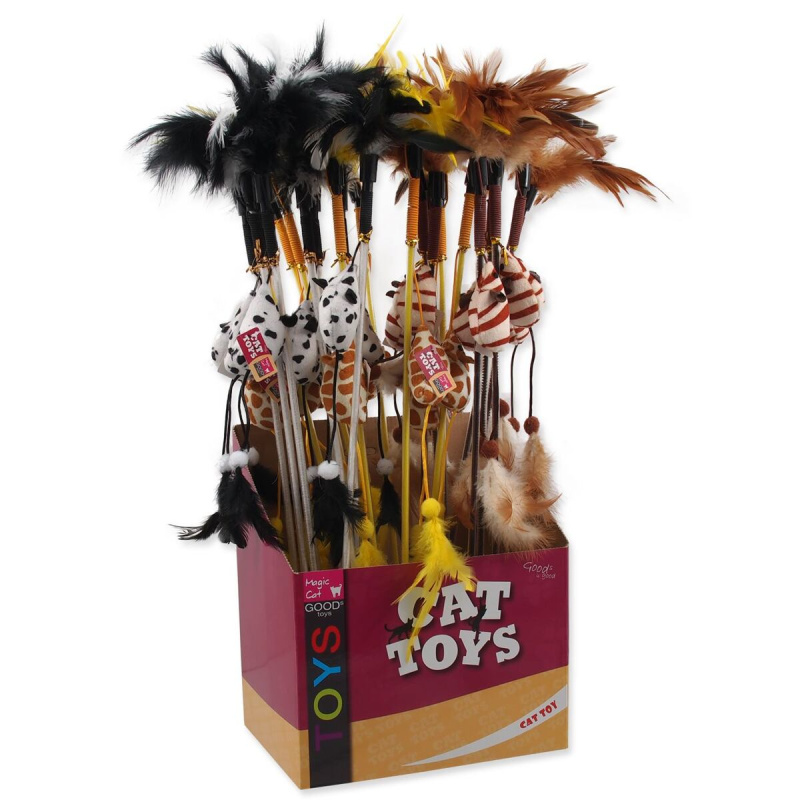 Hračka MAGIC CAT šidítko myška s pírky bavlna s catnipem 7 cm + 45 cm 40ks