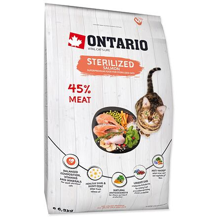 ONTARIO Cat Sterilised Salmon 6,5 kg + 6ks kapsiček ZDARMA