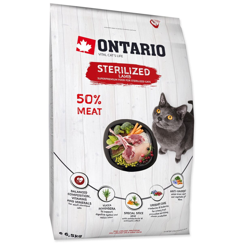 ONTARIO Cat Sterilised Lamb 6,5 kg + 6ks kapsiček ZDARMA