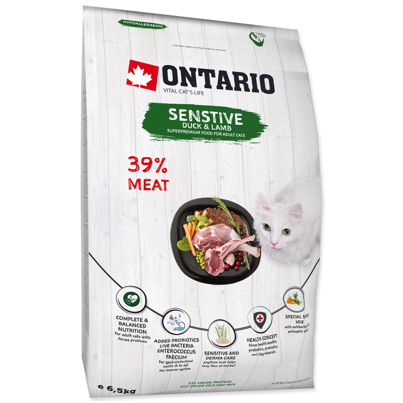 ONTARIO Cat Sensitive / Derma 6,5 kg + 6ks kapsiček ZDARMA