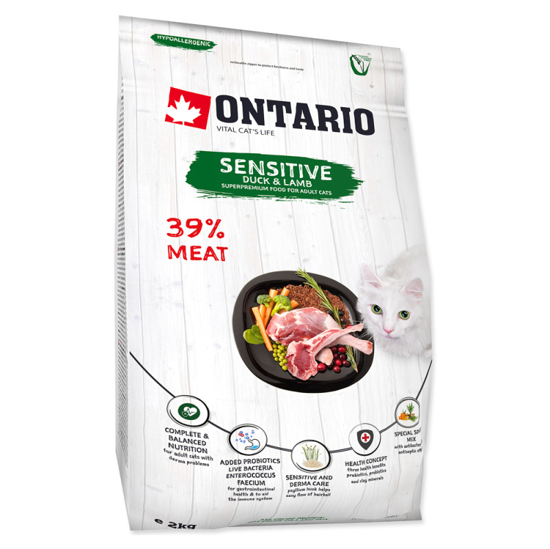 ONTARIO Cat Sensitive / Derma 2 kg + 4ks kapsiček ZDARMA