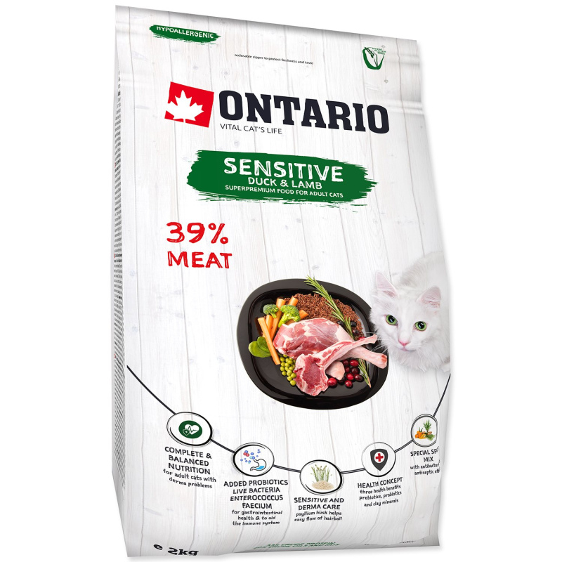 ONTARIO Cat Sensitive / Derma 2 kg + 4ks kapsiček ZDARMA
