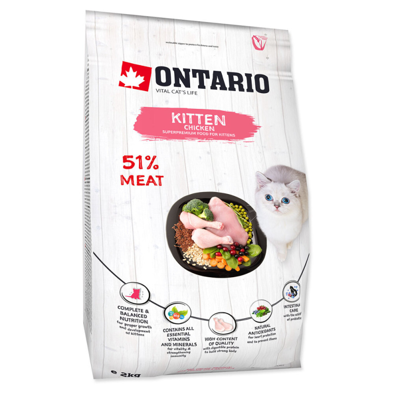 ONTARIO Kitten Chicken 2 kg + 4ks kapsiček ZDARMA
