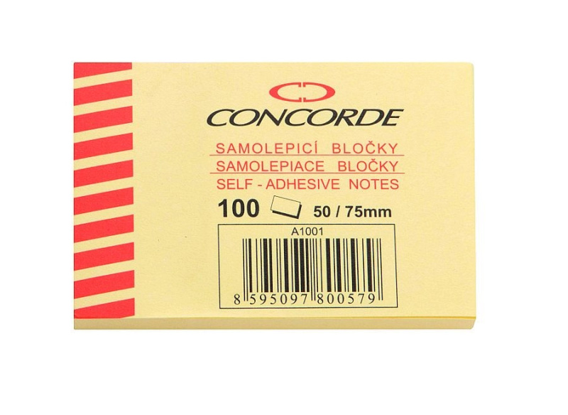 Samolepicí bloček CONCORDE 50x75mm, 100l., žlutý CONCORDE