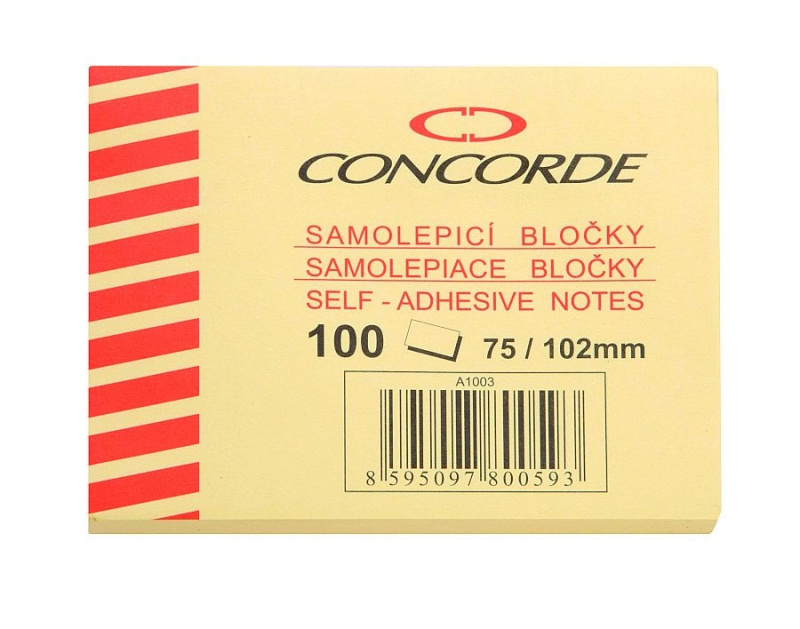 Samolepicí bloček CONCORDE 75x102mm, 100l., žlutá CONCORDE