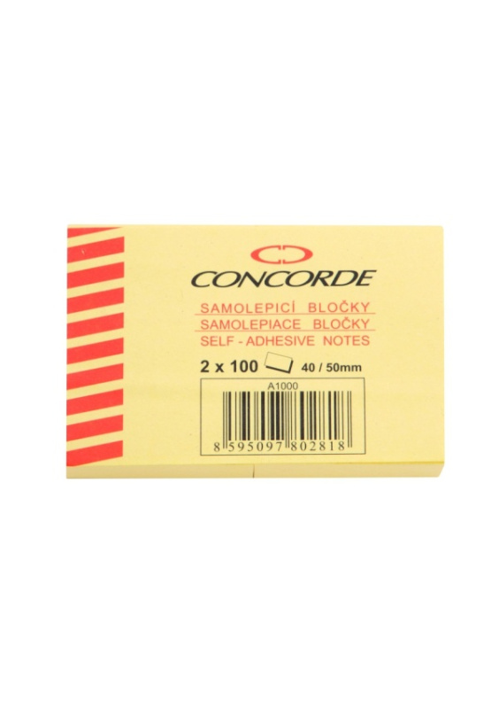 Samolepicí bloček CONCORDE 40 x 50mm, 2 x 100 listů, žlutá CONCORDE