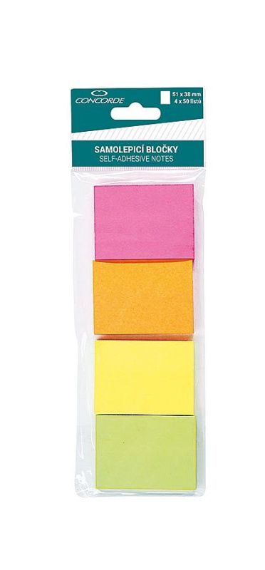 Samolepicí bloček CONCORDE 51x38mm, 4x50l., neon CONCORDE