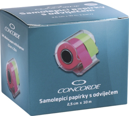 Samolepicí papírky CONCORDE 2,5cm x 10m s odvíječem, 2 barvy, neon CONCORDE
