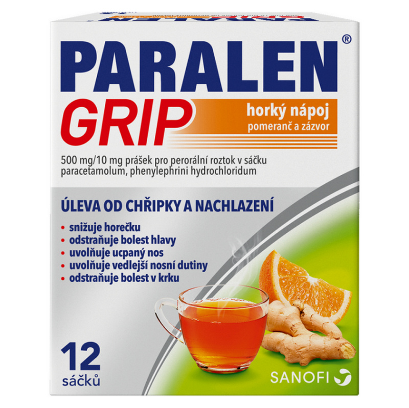 PARALEN GRIP HORKÝ NÁPOJ POMERANČ A ZÁZVOR 500MG/10MG Prášek pro perorální roztok v sáčku 12