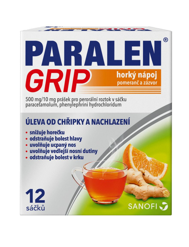 PARALEN GRIP HORKÝ NÁPOJ POMERANČ A ZÁZVOR 500MG/10MG Prášek pro perorální roztok v sáčku 12