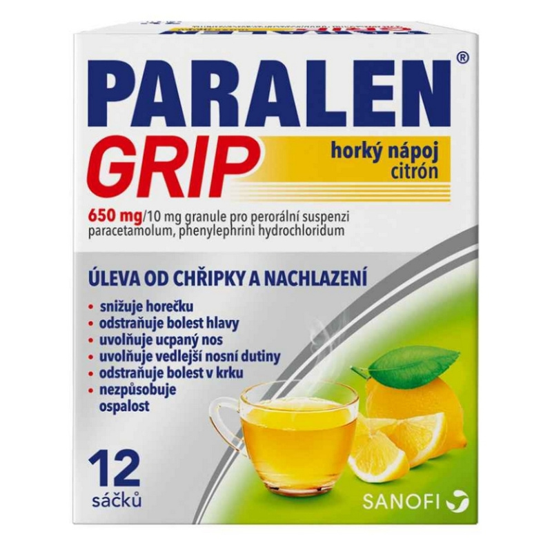 PARALEN GRIP HORKÝ NÁPOJ CITRÓN 650MG/10MG Granule pro perorální suspenzi 12