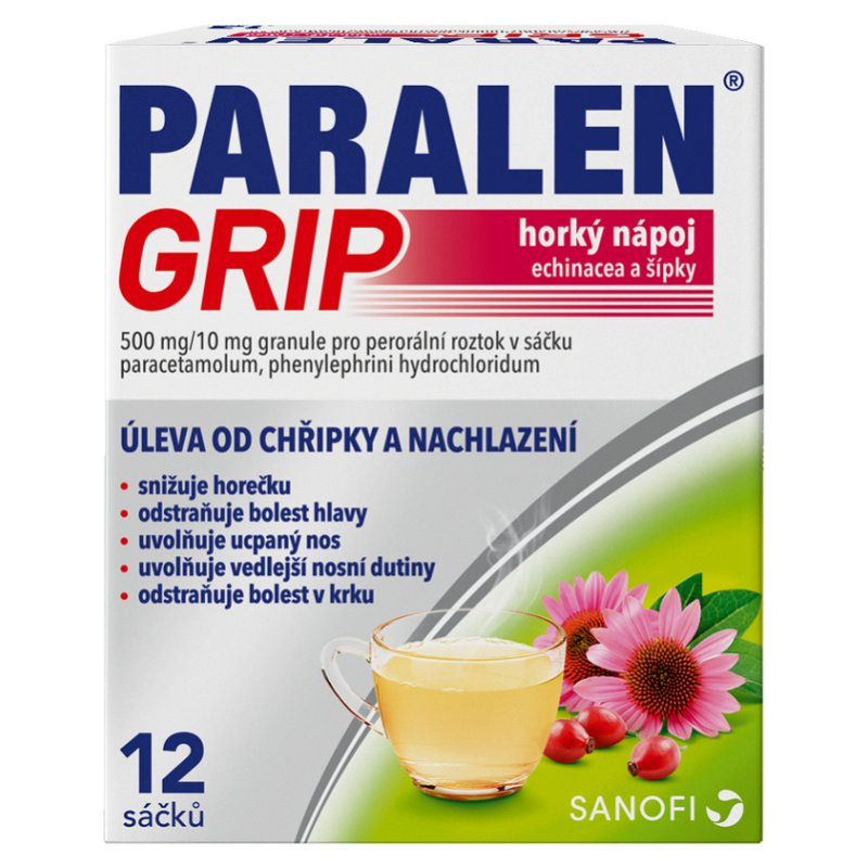 PARALEN GRIP HORKÝ NÁPOJ ECHINACEA A ŠÍPKY 500MG/10MG Granule pro perorální roztok v sáčku 12