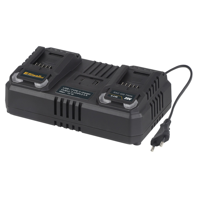Riwall PRO RAC 420 2x20V TWIN - dvojitá rychlonabíječka pro aku baterie 20 V / (4,5 A