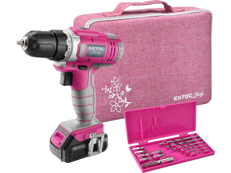 Vrtací aku šroubovák Extol Lady, 12V li-ion,1300mAh,v tašce, růžový