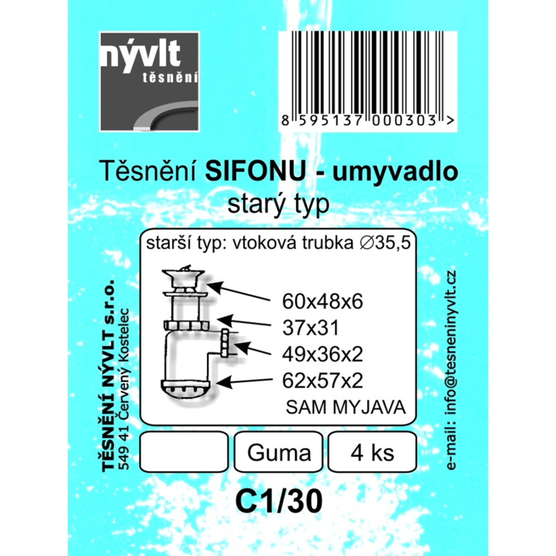 Sada těsnění umyvadlového sifonu starý typ, 4 ks