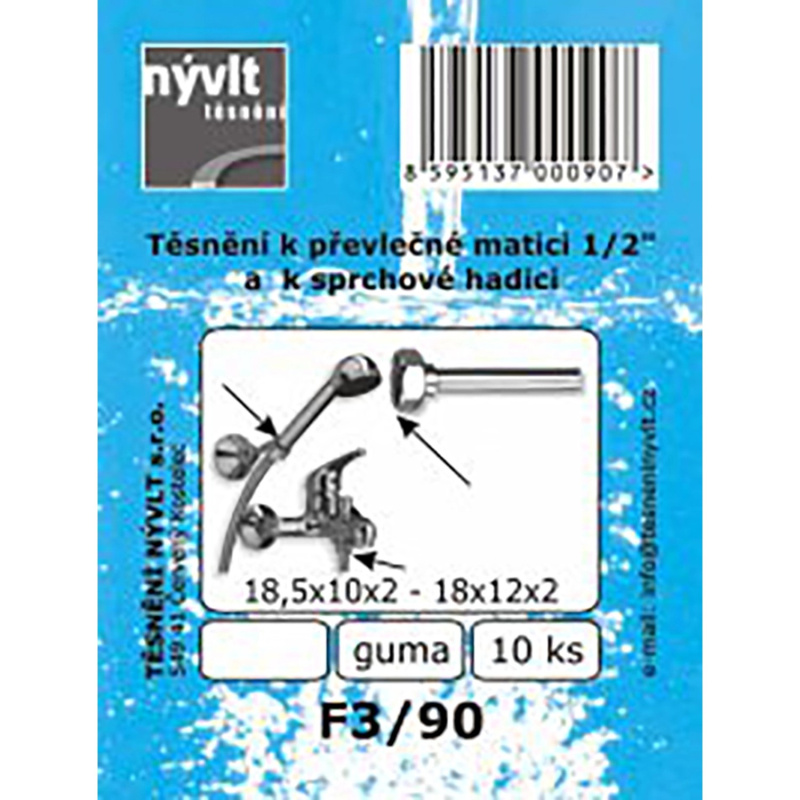 Sada těsnění F3/90 15×8×2 mm, 1/2" ,pryž EPDM 65 ShA (10 ks)