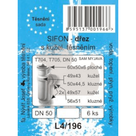 Sada těsnění dřezového sifonu DN50 - T704, T705, 6 ks