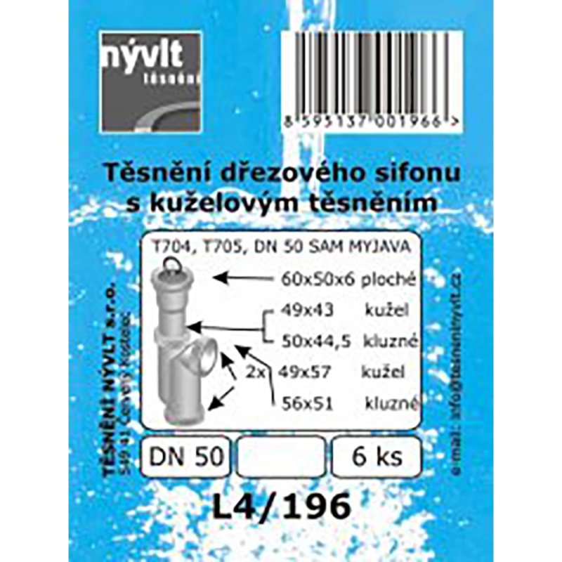 Sada těsnění dřezového sifonu DN50 - T704, T705, 6 ks