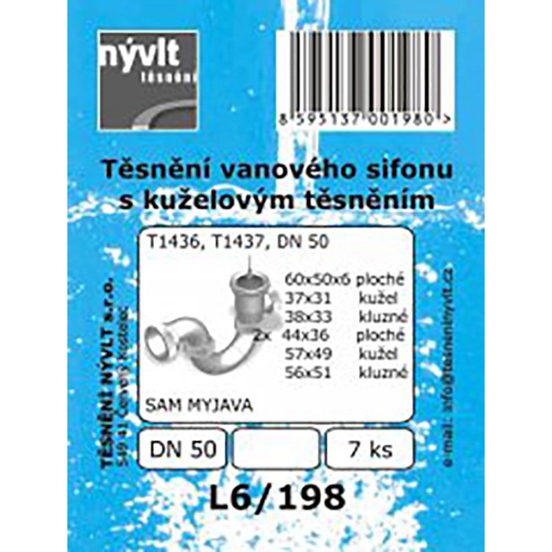 Sada těsnění vanového sifonu s kuželovým těsněním T1436, T1437, DN50, 7 ks