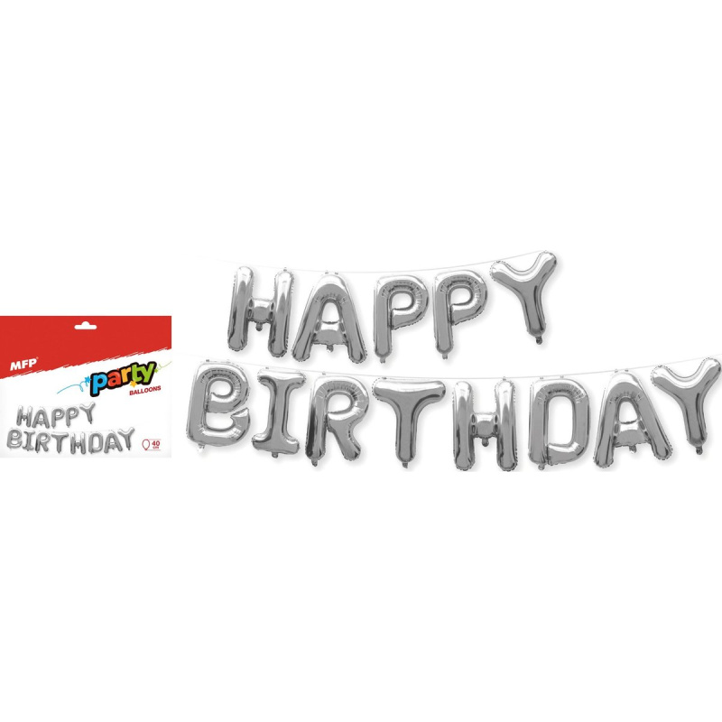 Nafukovací fóliové balónky Happy Birthday, stříbrné, 40 cm