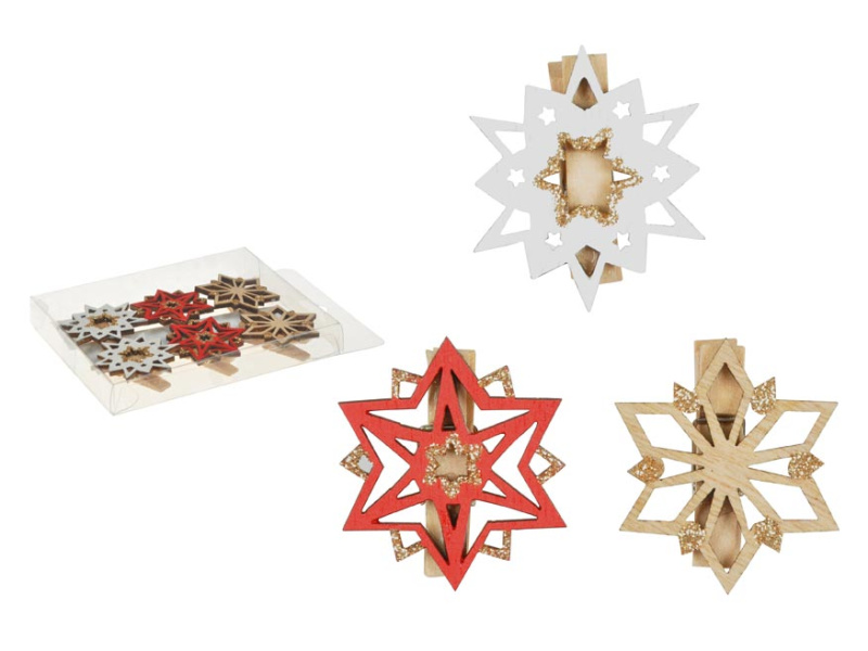 Kolíčky dřevěné vločka 4,8cm/6ks