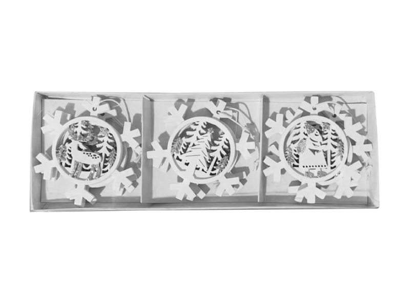 MFP paper Ozdoby dřevěné bílé vločky s glitrem, 9 ks, pr. 7,5 cm