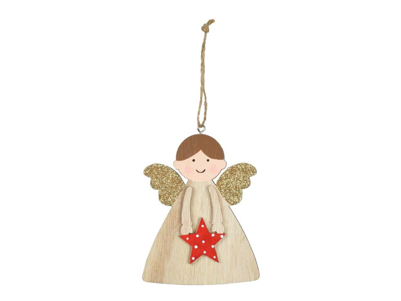 Závěs dřevěný anděl hvězda 12cm