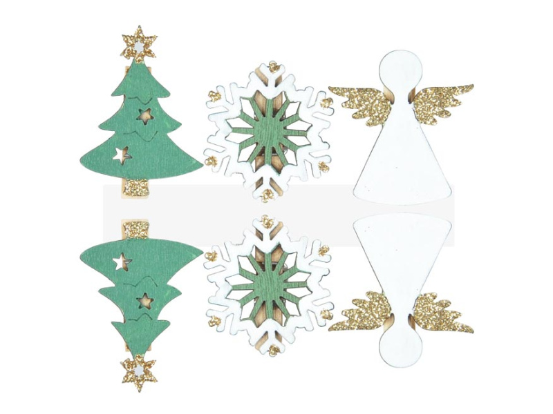 Kolíčky dřevěné 6ks-stromeček, vločka, anděl/4,8cm