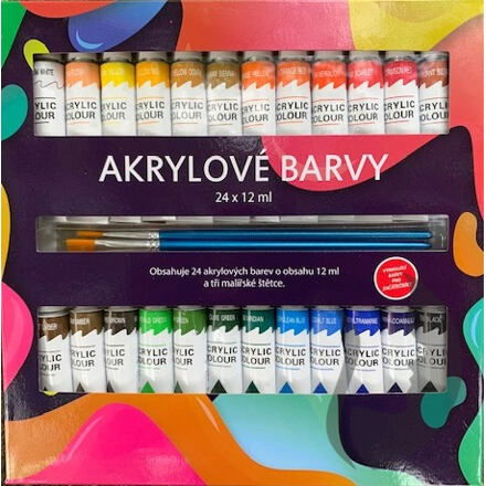 Akrylové barvy 24x12ml se štětcemi 3ks i na keramiku,sklo,kameny v krabičce 22x22x2cm