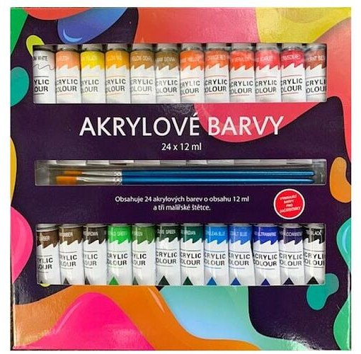 Akrylové barvy 24x12ml se štětcemi 3ks i na keramiku,sklo,kameny v krabičce 22x22x2cm