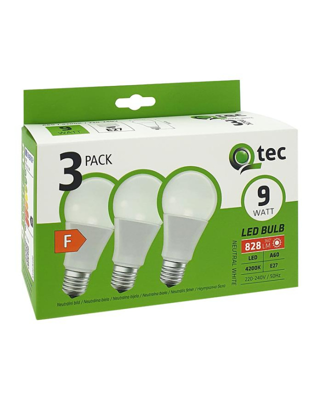 59BZ LED ŽÁROVKA QTEC E27 9W 4200K, 3 PACK