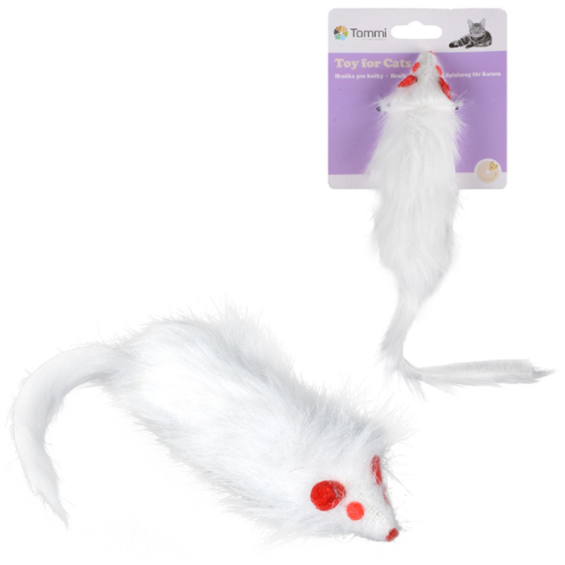 Hračky pro kočky, Myška bílá chlupatá, 15cm