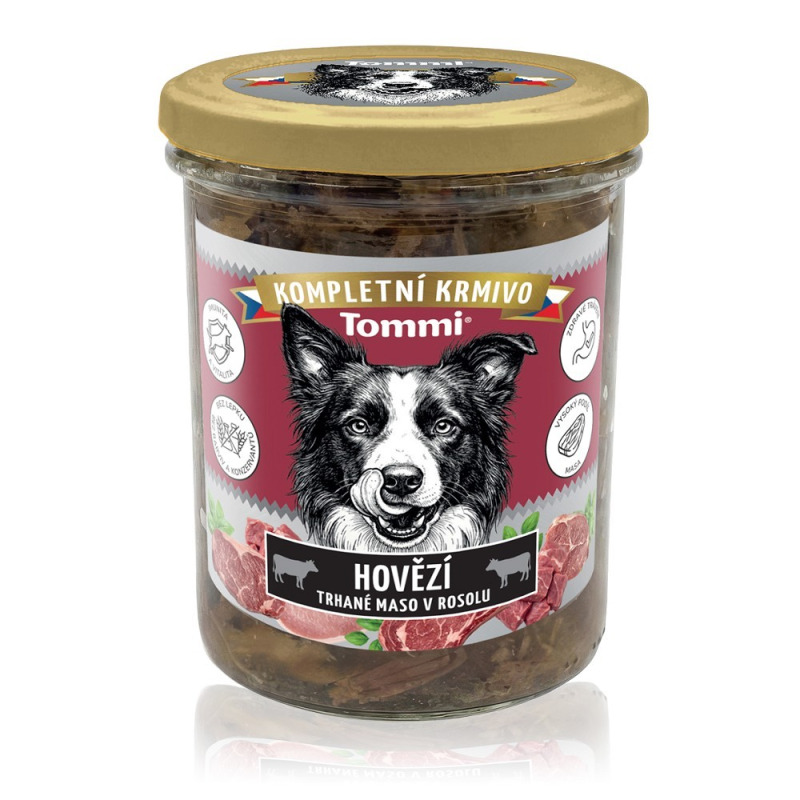 Tommi Hovězí trhané maso v rosolu pro psy, 370 g
