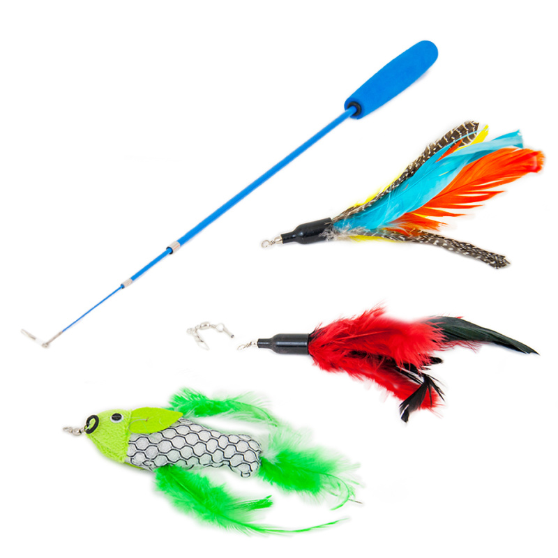 Akinu hračka pro kočky udice s pírky set barevný s rybkou 90 cm