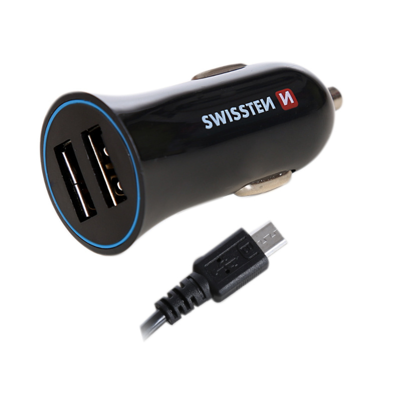 SWISSTEN Nabíječka USB-A 12/24V, 2,4 A, 2x USB-A, kabel Micro USB