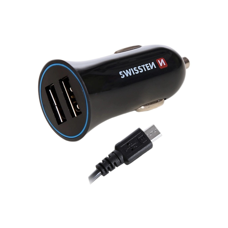SWISSTEN Nabíječka USB-A 12/24V, 2,4 A, 2x USB-A, kabel Micro USB