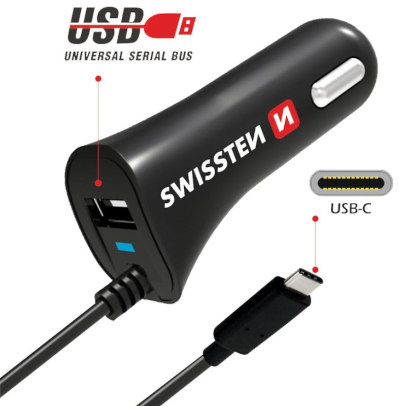 SWISSTEN CL AUTONABÍJEČKA USB-C a USB 2,4A POWER Černá
